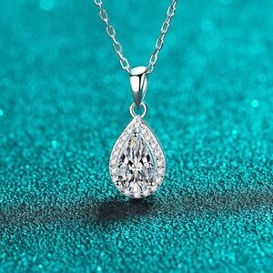 1 CT Moissanite Halo Teardrop Necklace in 925 Sterling Silver Plated In Platnium